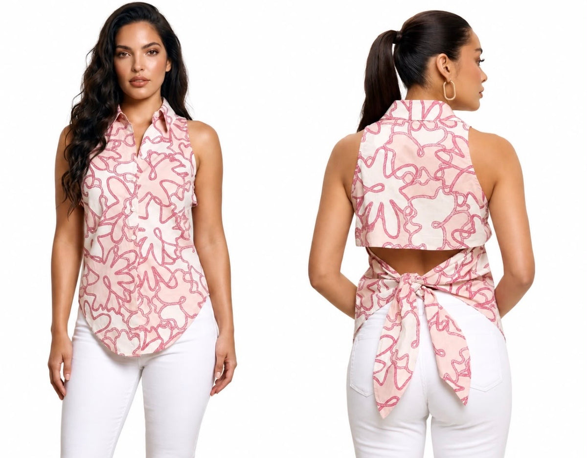 Lili Collection Pink Print Tie-Back Sleeveless Blouse