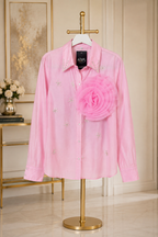 Pink 3D Flower Crystal Statement Blouse