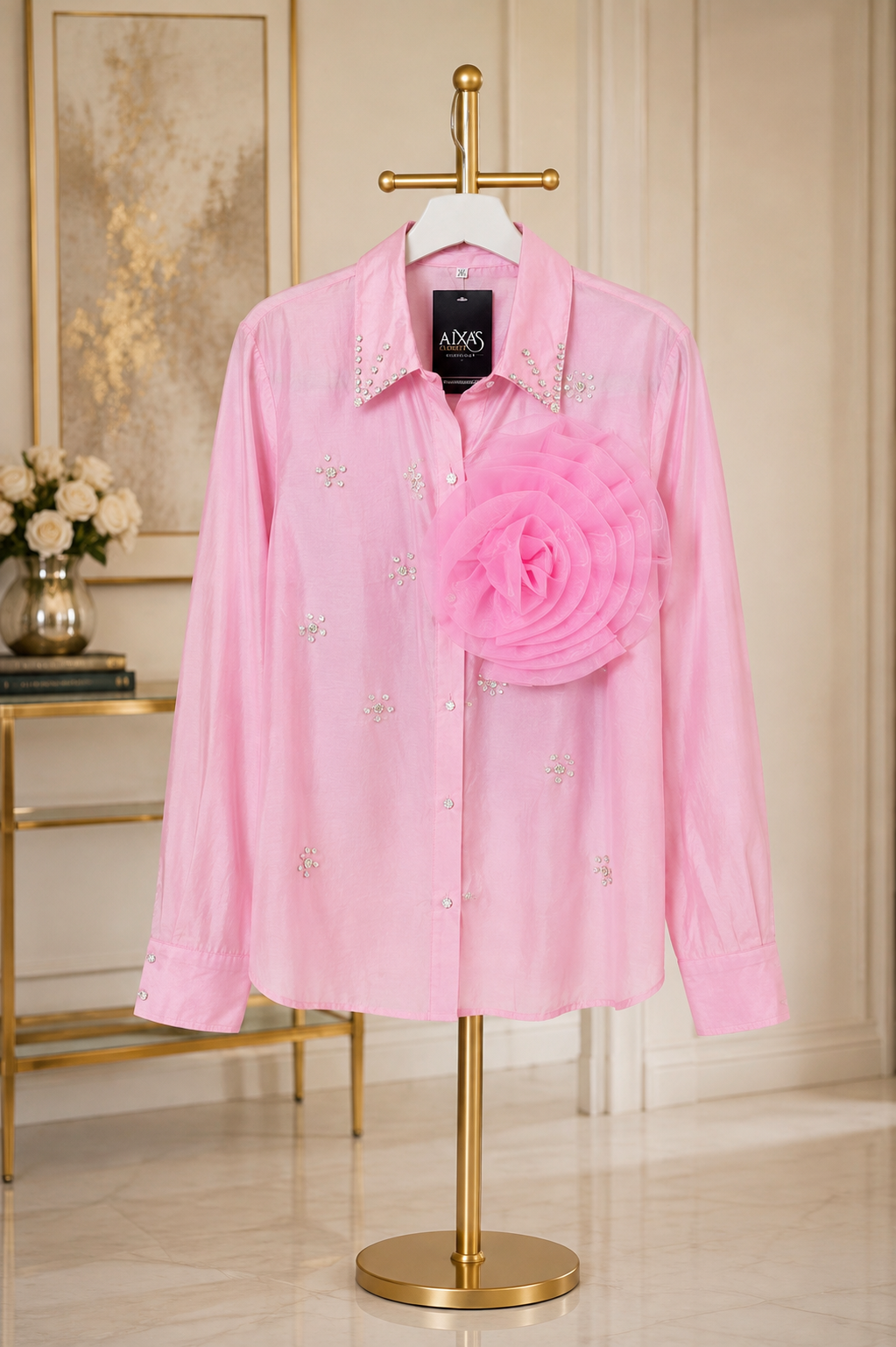 Pink 3D Flower Crystal Statement Blouse