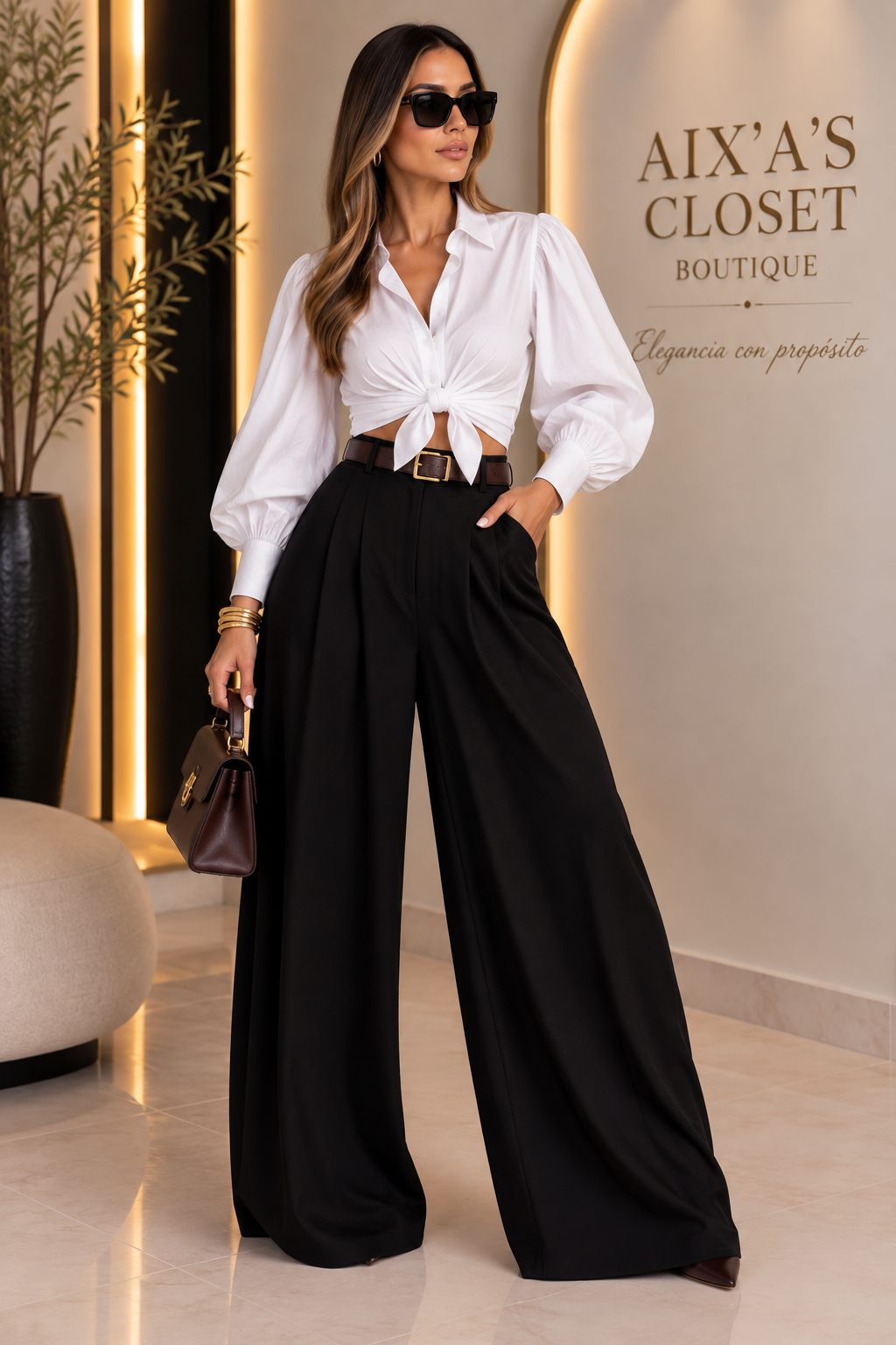 Black Wide Leg Palazzo Pants with Belt