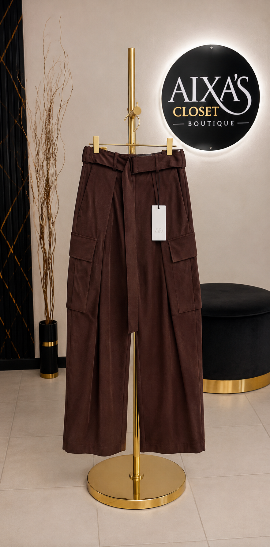 Zara Chocolate Brown Wide-Leg Cargo Pants