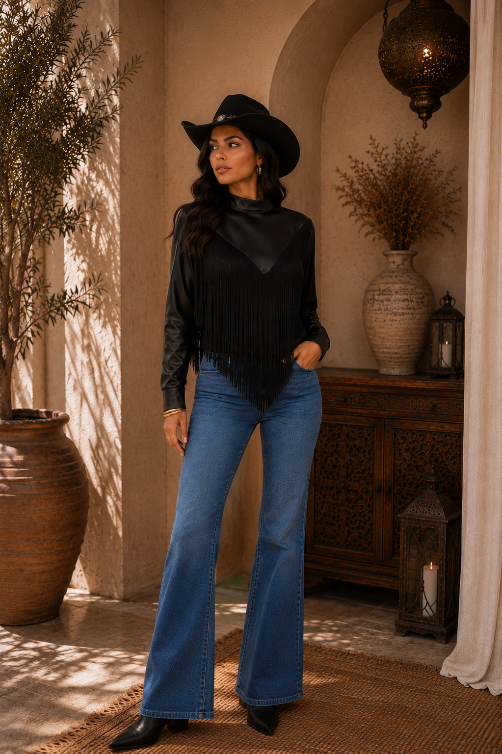ZARA Black Satin Fringe Top