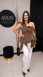 Asymmetrical Ruffle Statement Top – Mocha Brown