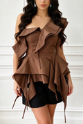 Asymmetrical Ruffle Statement Top – Mocha Brown