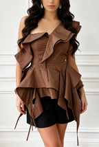 Asymmetrical Ruffle Statement Top – Mocha Brown
