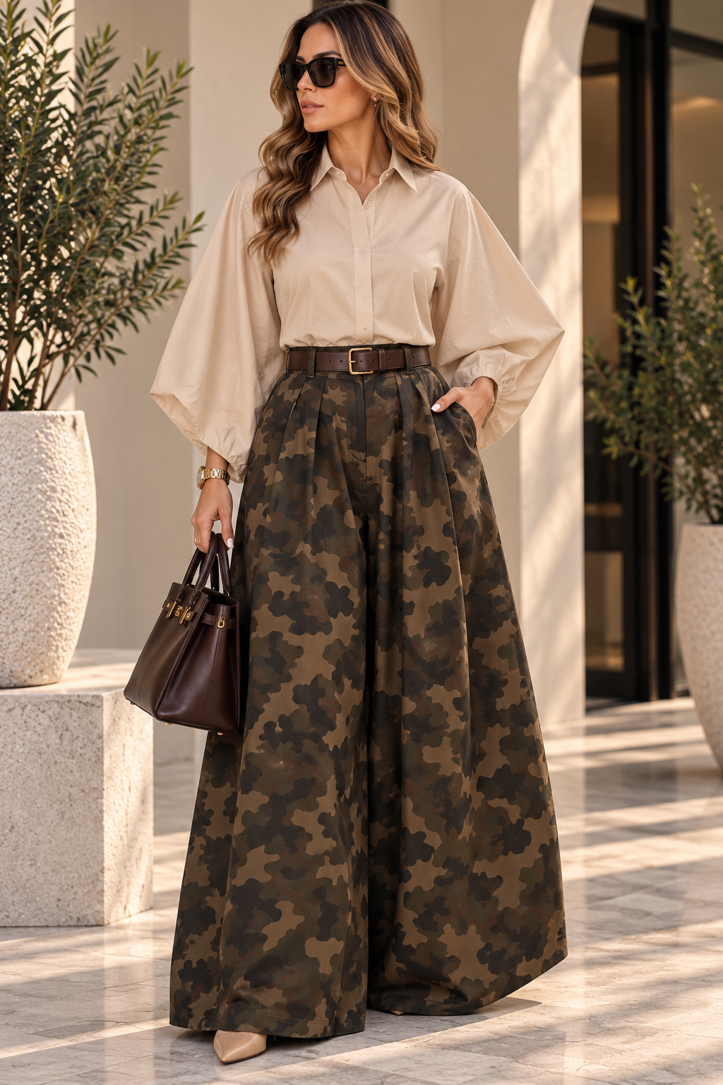 Camo Luxe Wide-Leg Palazzo Pants