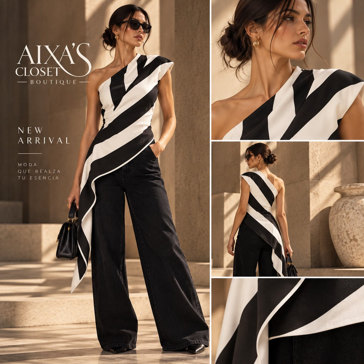 Monochrome Asymmetrical Draped Top