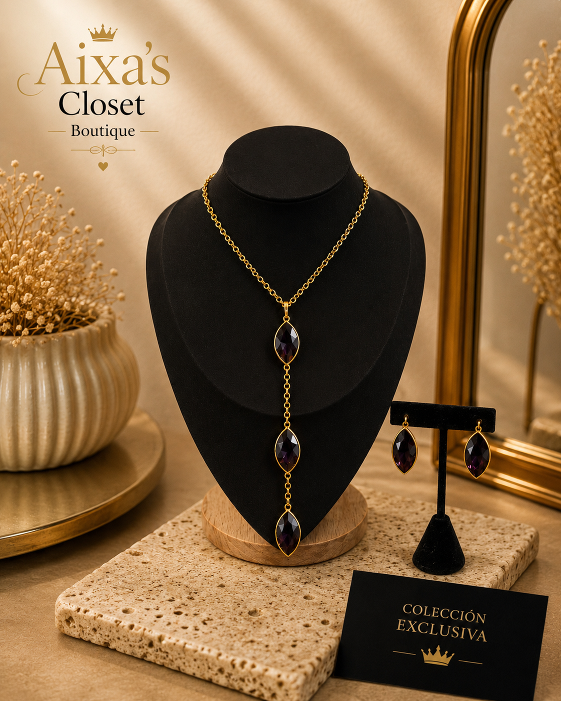 Spanish Designer Amethyst Statement Necklace & Earrings Set