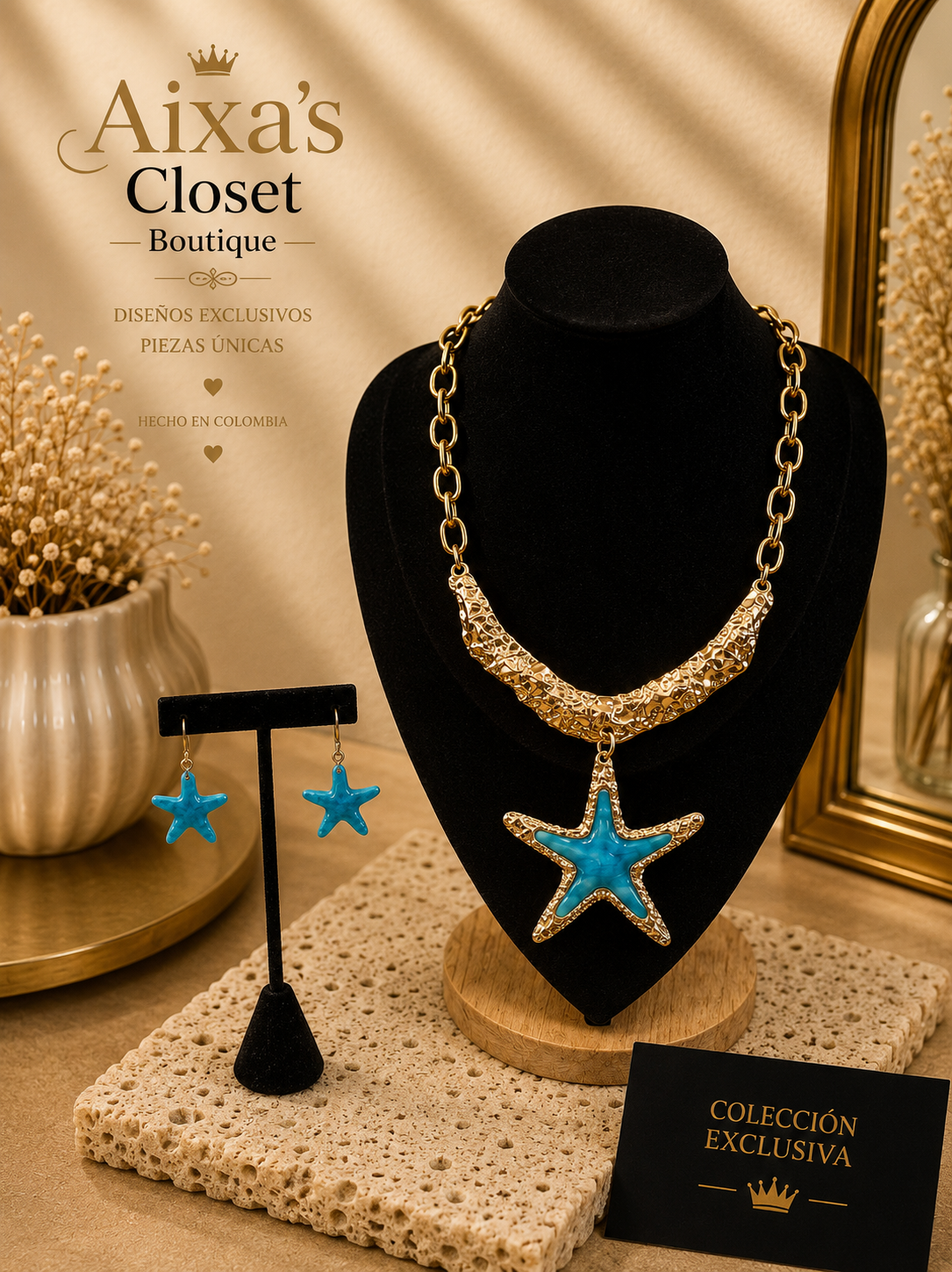 Spanish Designer Starfish Statement Necklace & Earrings Set