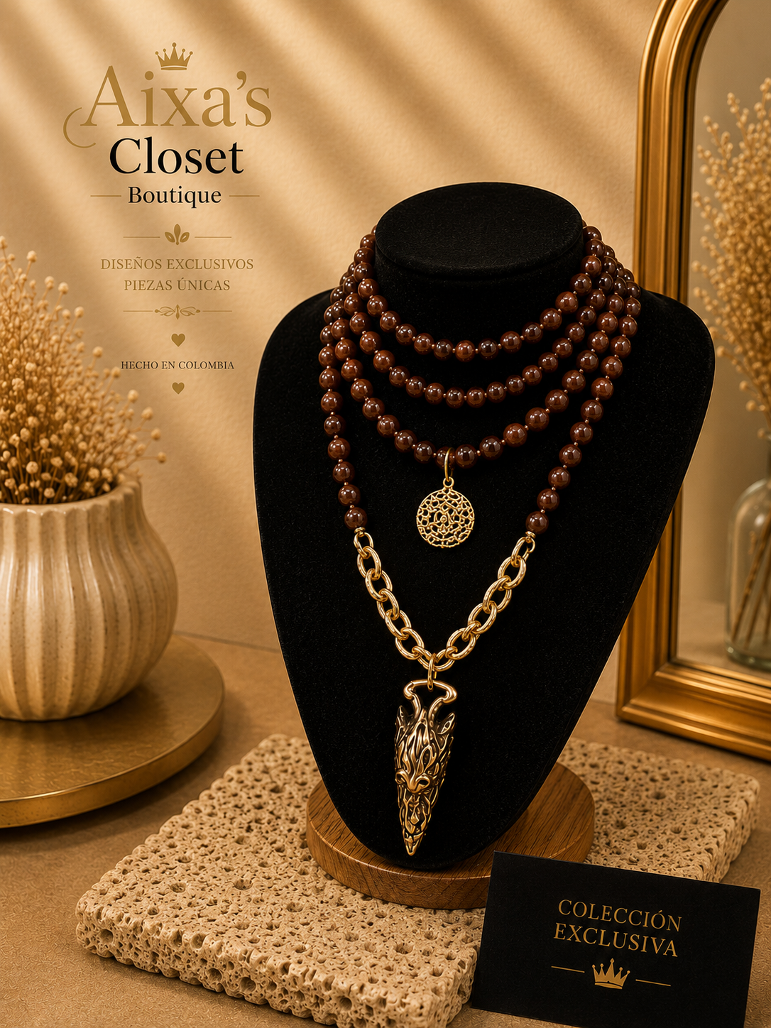 Spanish Designer Statement Necklace Chocolate & Gold